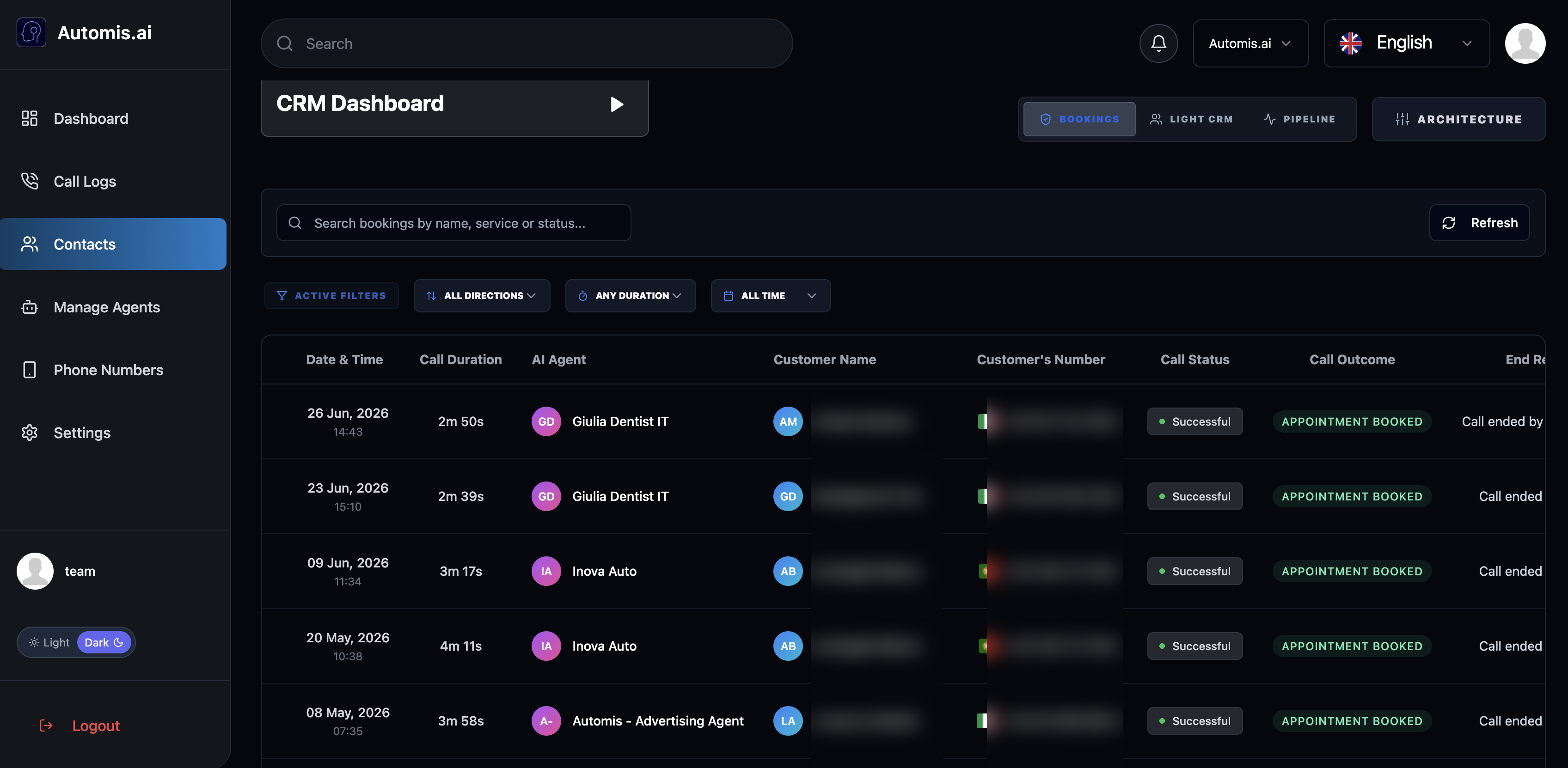 Bookings, every AI-booked appointment, with call outcome