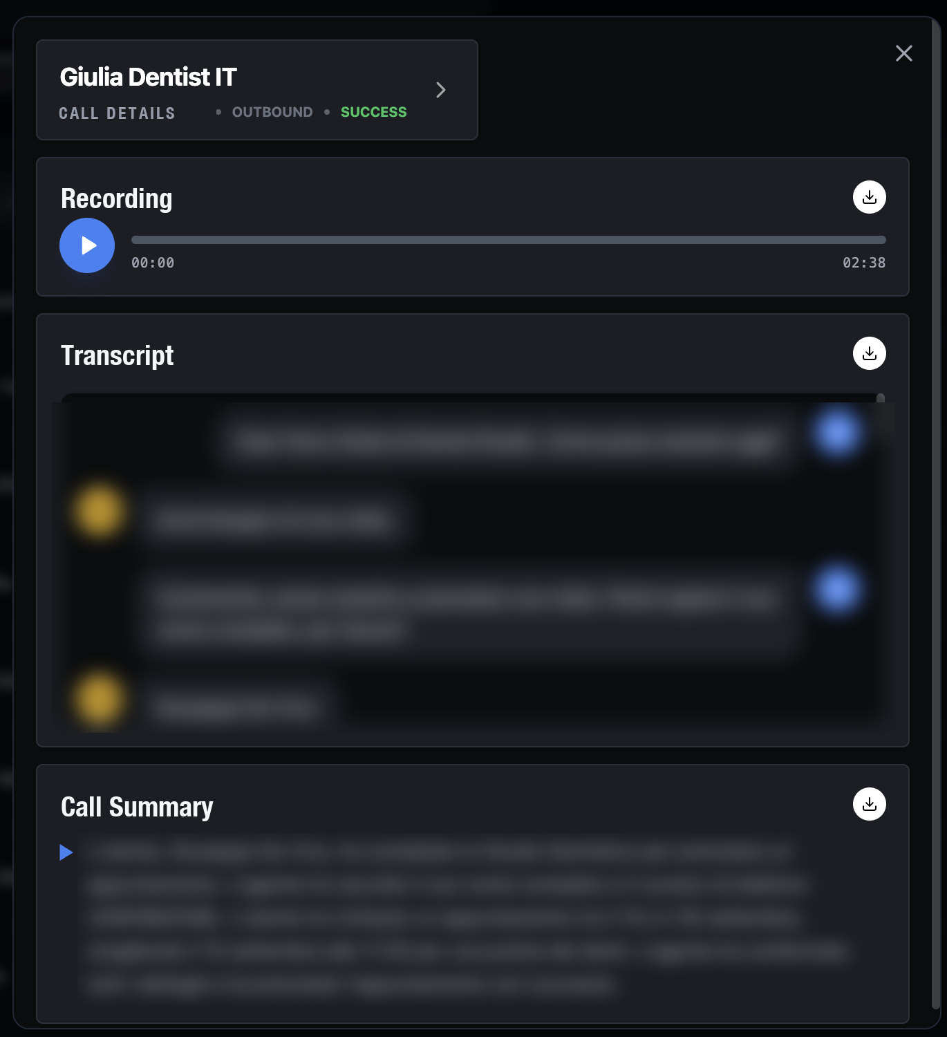 One call opened: recording, transcript, and AI summary